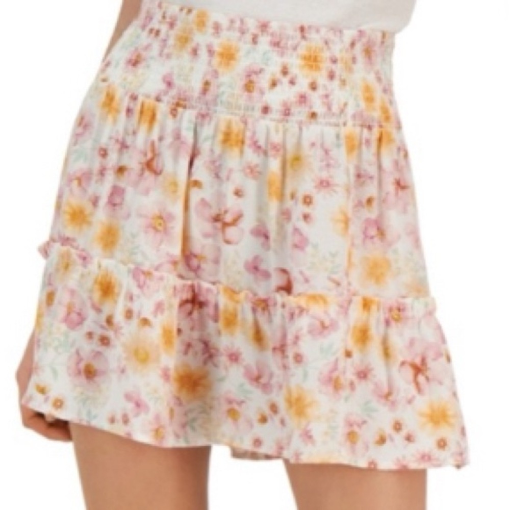 🌸 Smocked-Waist Mini Skirt Ivory Lilac Floral Hippie Rose Printed